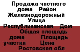 Продажа частного дома › Район ­ Железнодорожный › Улица ­ Республиканская › Дом ­ 6 › Общая площадь дома ­ 60 › Площадь участка ­ 1 › Цена ­ 2 600 000 - Ростовская обл., Ростов-на-Дону г. Недвижимость » Дома, коттеджи, дачи продажа   . Ростовская обл.,Ростов-на-Дону г.